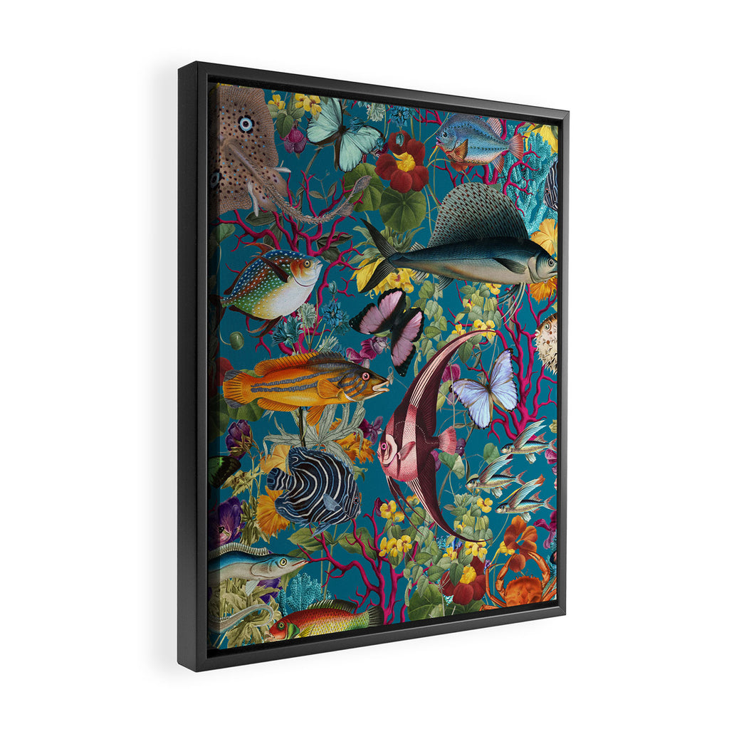 Vintage Floral Ocean on Teal Framed Canvas Print Gallery Image 2