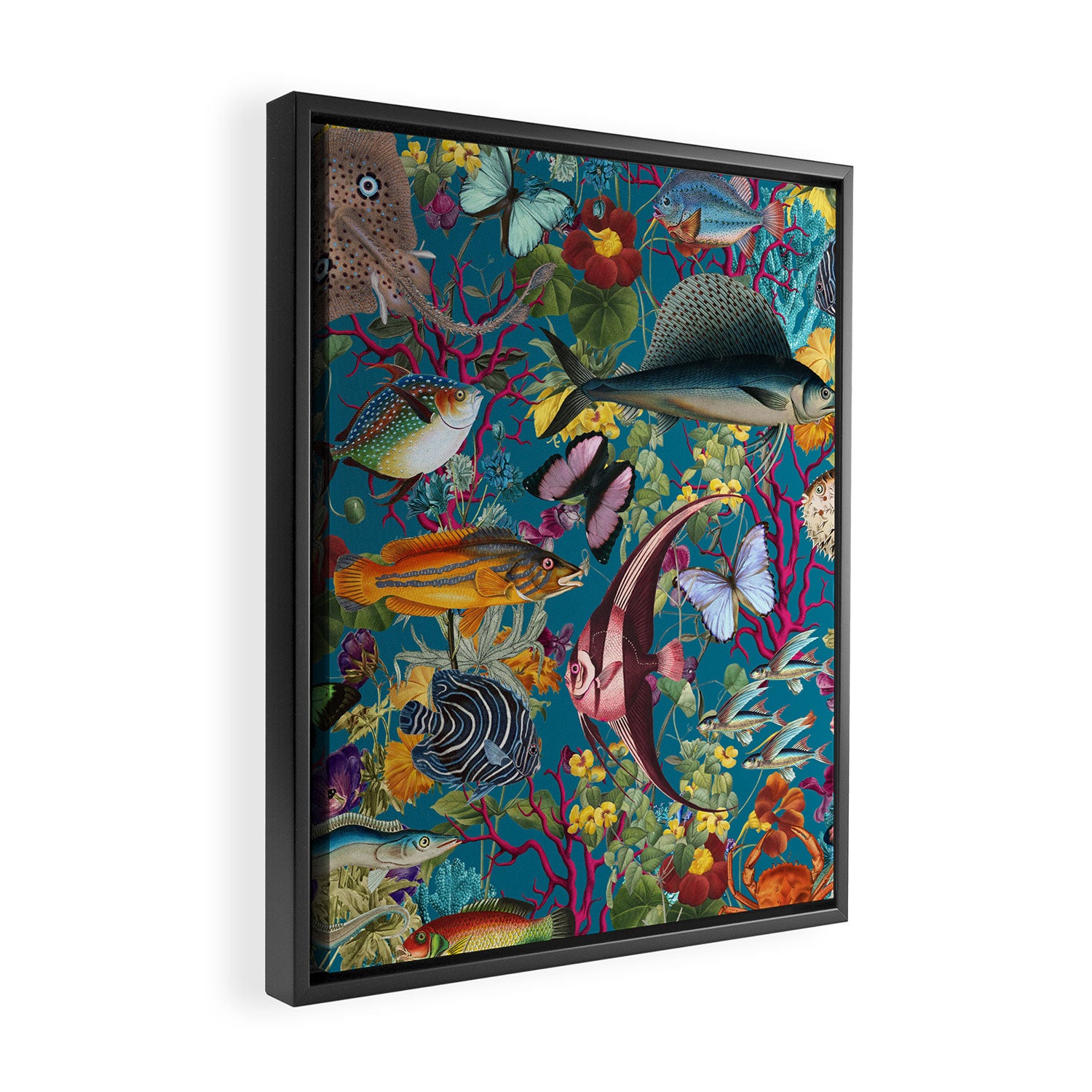 Vintage Floral Ocean on Teal Framed Canvas Print Gallery Image 2
