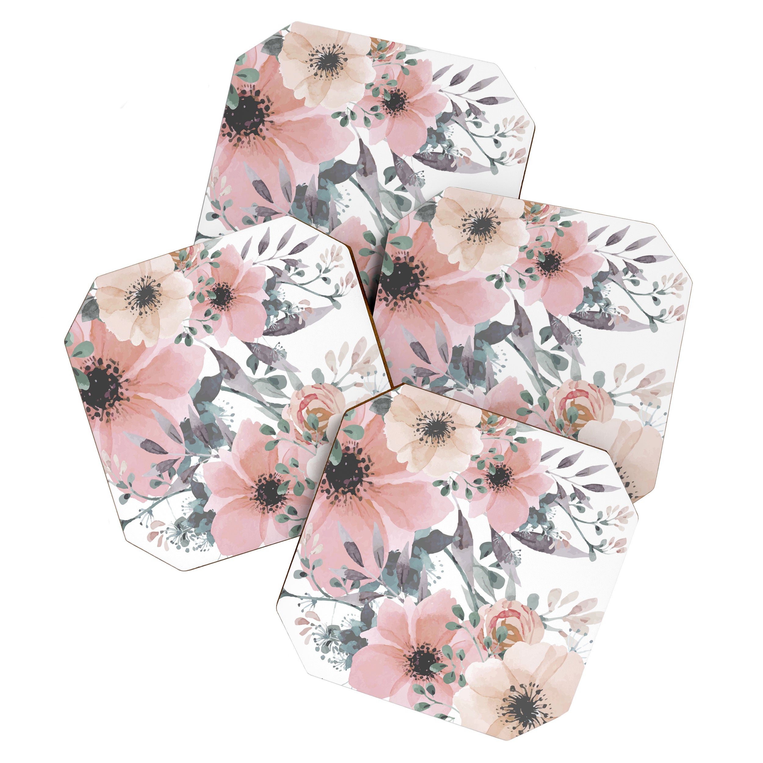 Watercolor, Blush Pink and Peach, Floral Prints Coaster Gallery Image 1