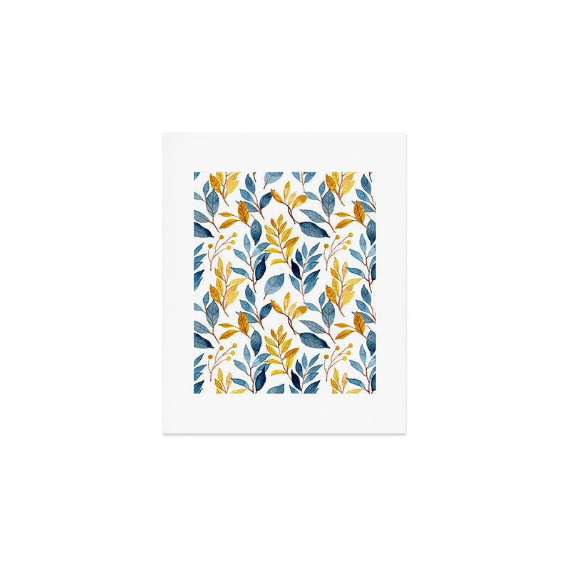 Watercolor Leaves, Yellow and Blue, Floral Prints Art Print Gallery Image 1