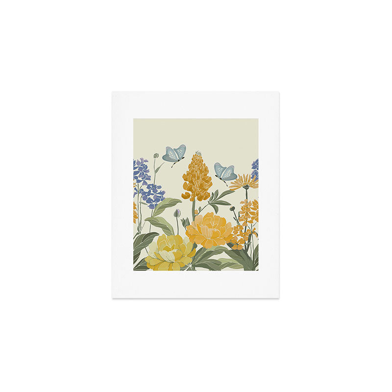 Wildflowers and Butterflies, Floral Prints, Yellow and Blue Art Print Gallery Image 1