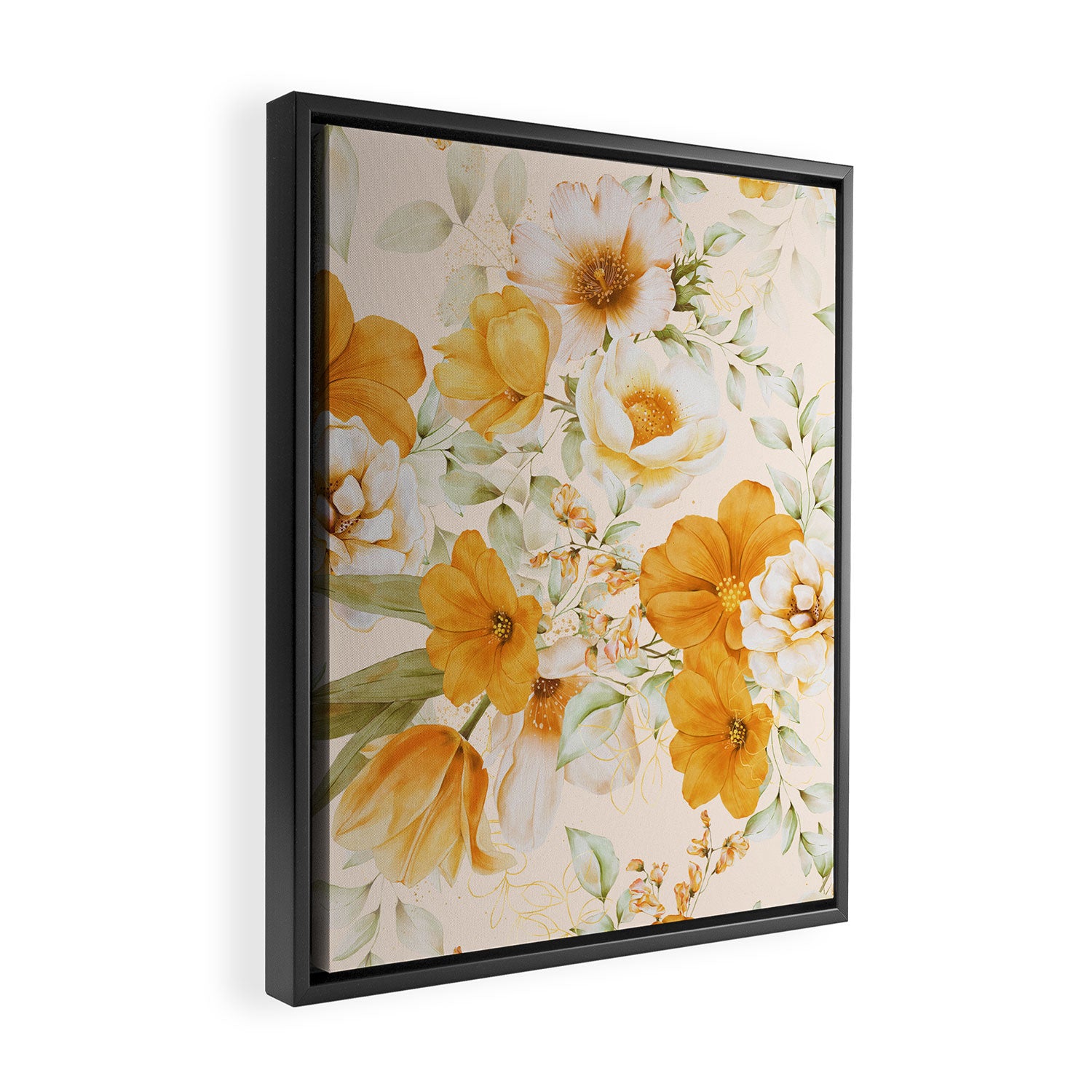 Yellow Florals with Painted Speckles on Cream Framed Canvas Print Gallery Image 2