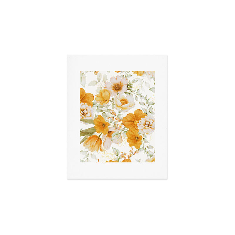 Yellow Florals with Painted Speckles on White Art Print Gallery Image 1