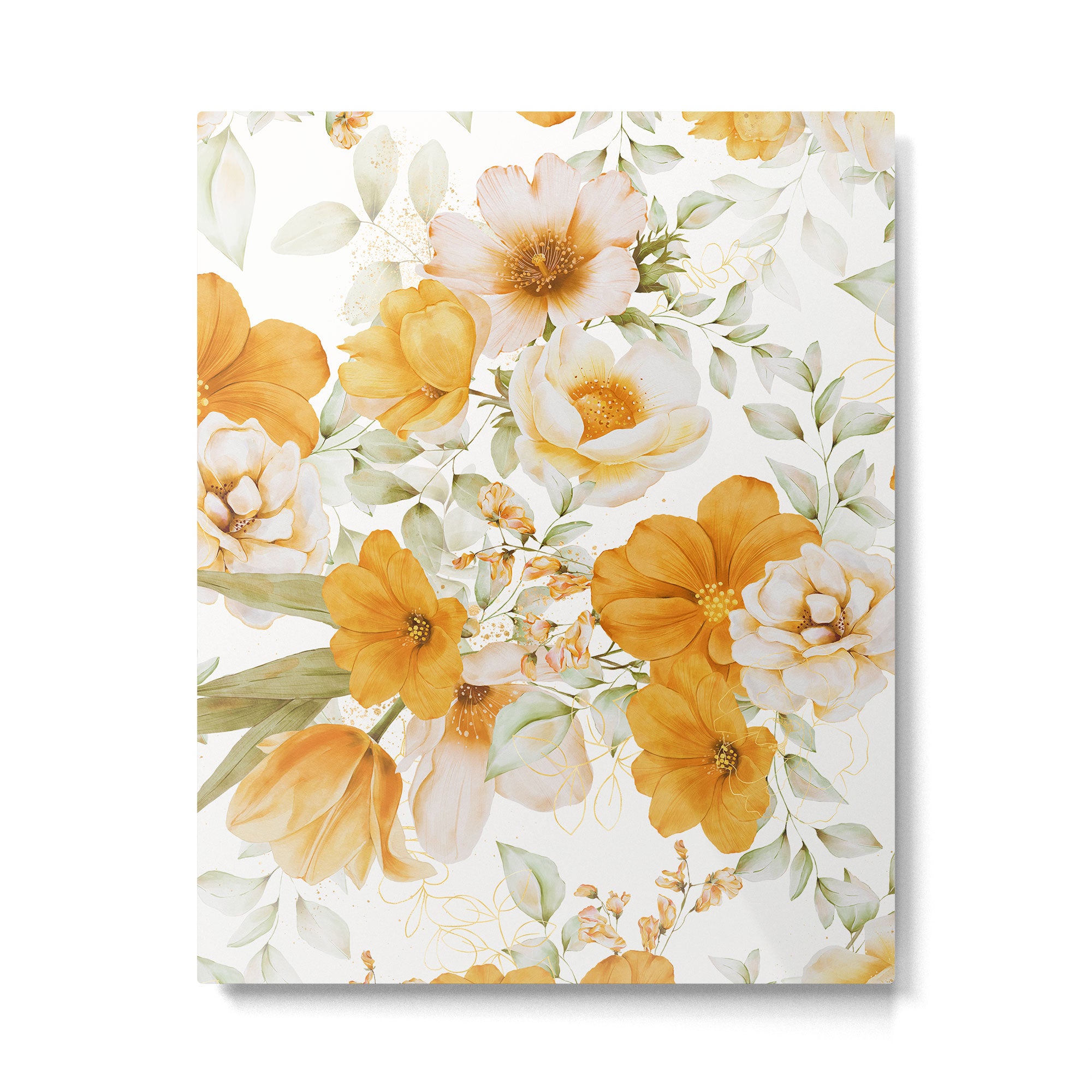 Yellow Florals with Painted Speckles on White Metal Print Gallery Image 6