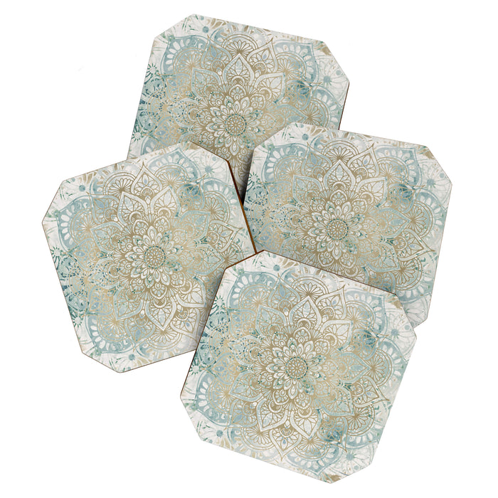 Yoga, Mandala, Teal and Gold, Wall Art Boho Coaster Gallery Image 1