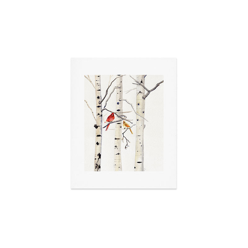 Birch Trees and Cardinal Art Print Gallery Image 1