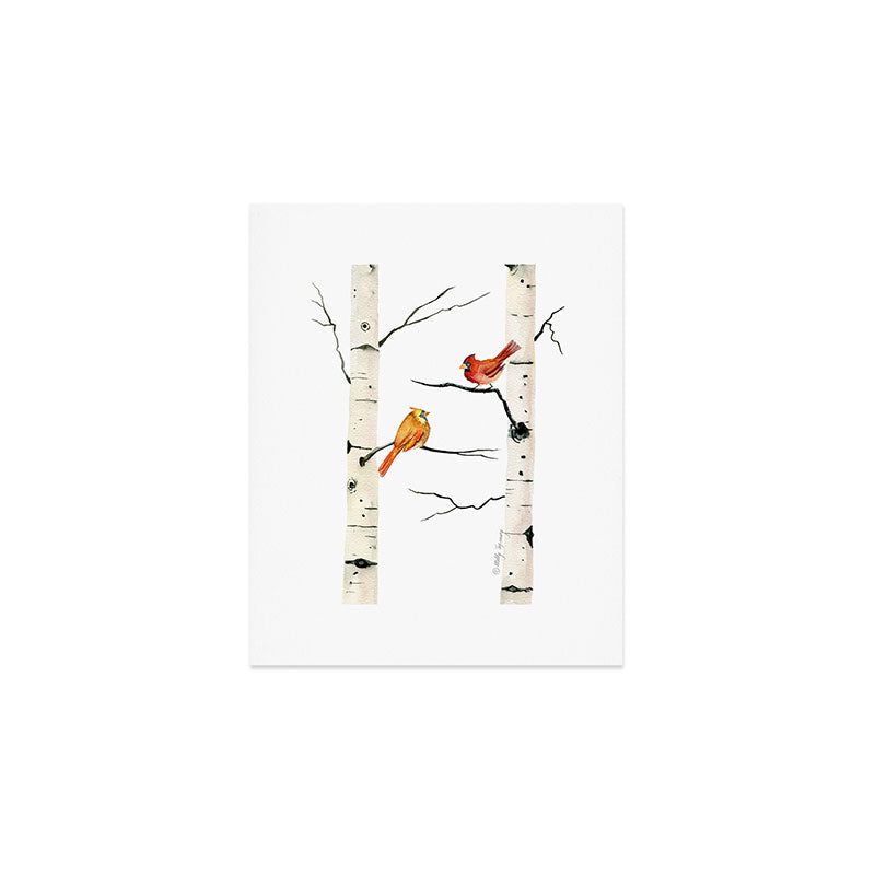 Cardinal Couple in Birch Trees Art Print Gallery Image 1