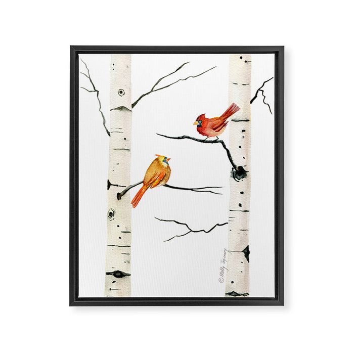 Cardinal Couple in Birch Trees Framed Canvas Print Gallery Image 1