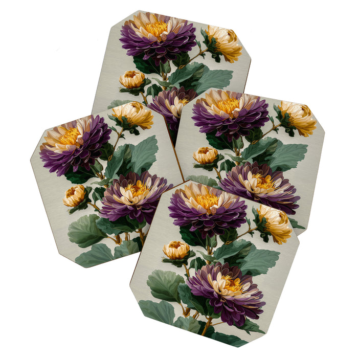 Birthflower Gift Aster Flower Art Floral Print Japanese Wall Art Poster Birthday Painting for her Coaster Gallery Image 1