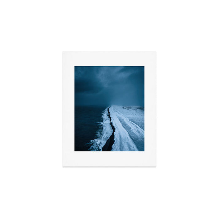 Black Sand Beach with snow in Iceland during a storm â Moody Landscape Photography Art Print Gallery Image 1
