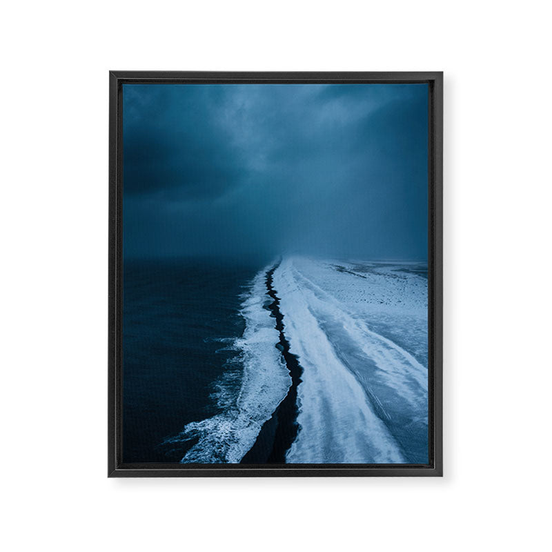 Black Sand Beach with snow in Iceland during a storm â Moody Landscape Photography Framed Canvas Print Gallery Image 6