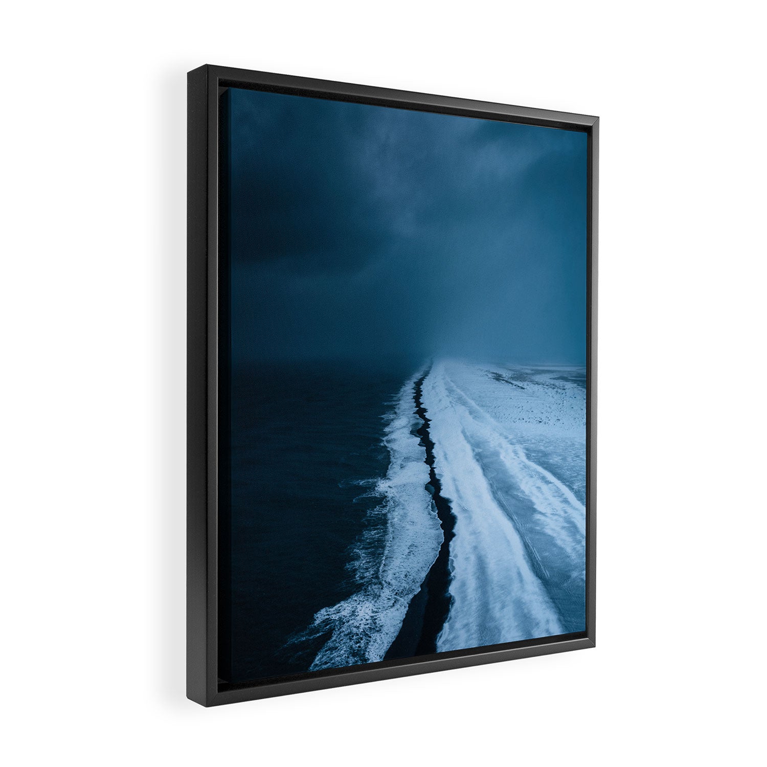 Black Sand Beach with snow in Iceland during a storm â Moody Landscape Photography Framed Canvas Print Gallery Image 2