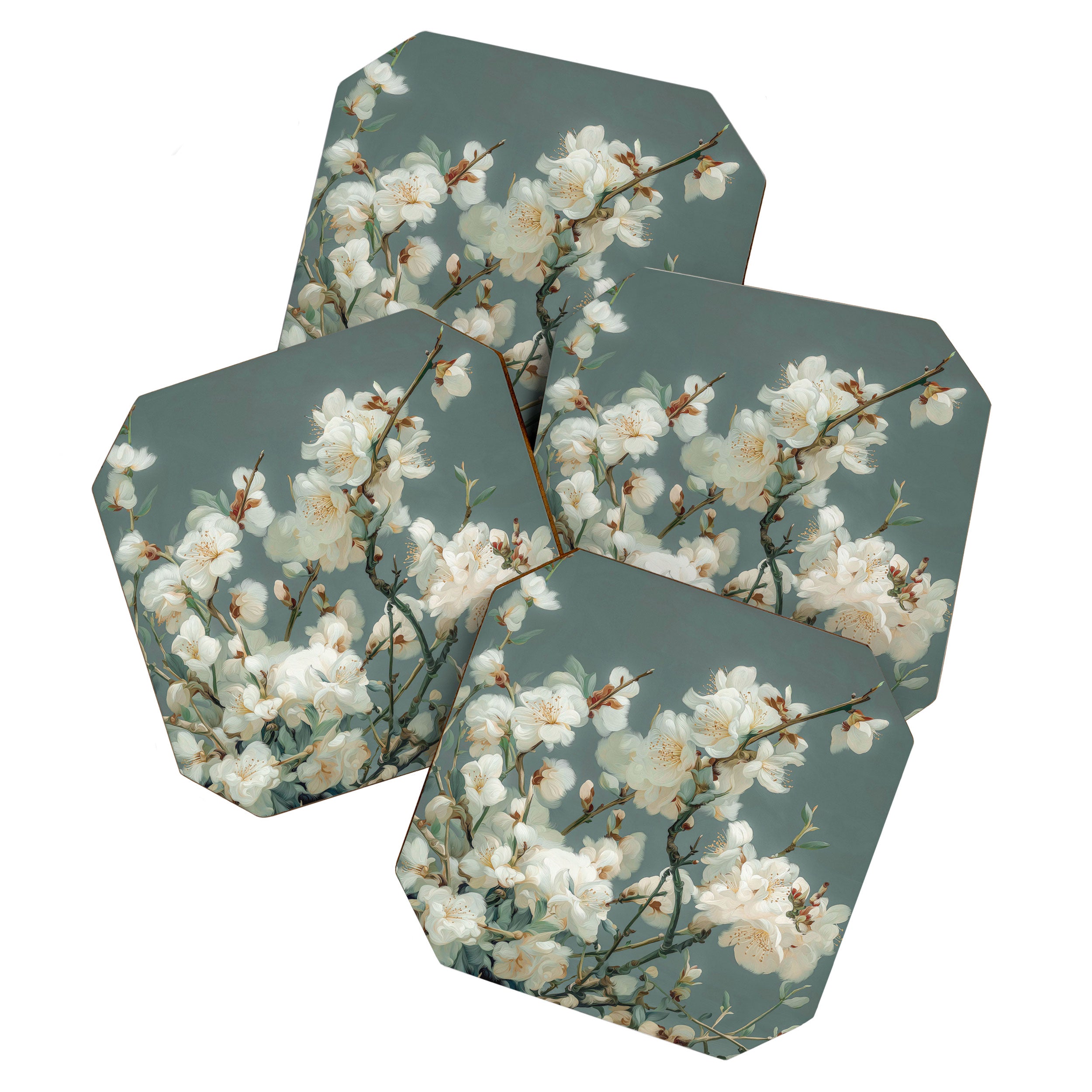 Cherry Blossom Painting Japanese Wall Art Floral Print Wabi Sabi Art Sage Green Poster japandi Art Coaster Gallery Image 1