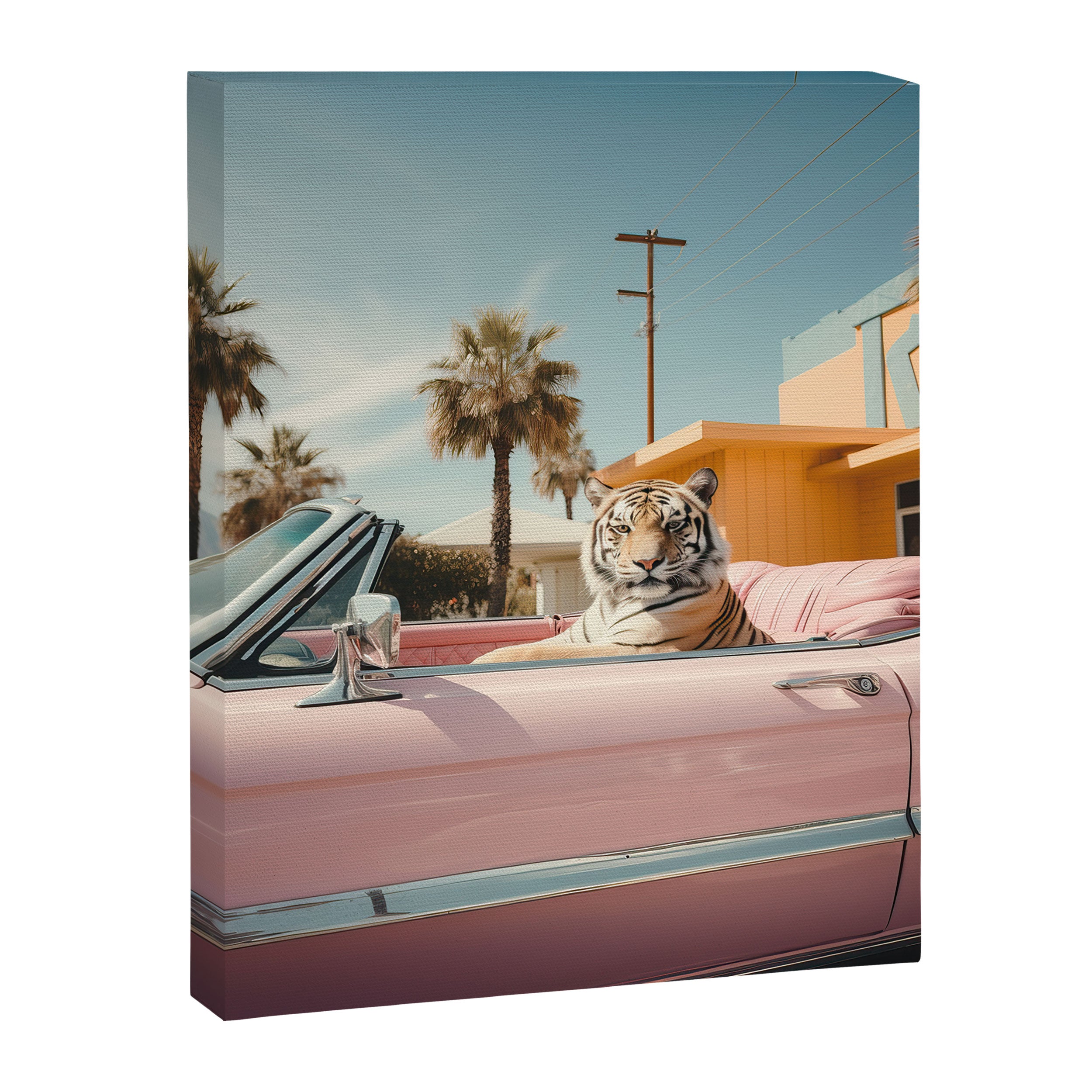 Cool Tiger in a pastel Cabrio in Palm Springs Canvas Print Gallery Image 6