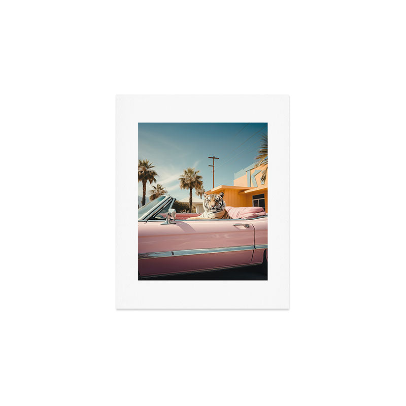 Cool Tiger in a pastel Cabrio in Palm Springs Art Print Gallery Image 1