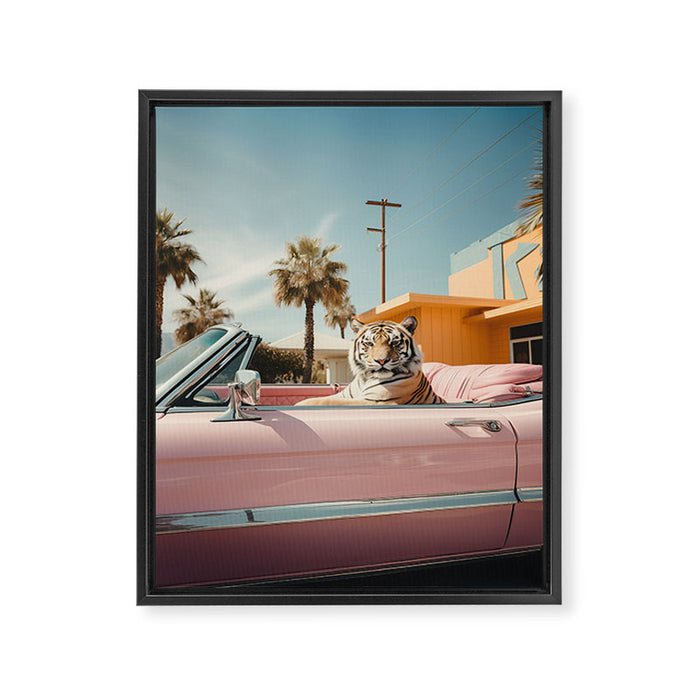 Cool Tiger in a pastel Cabrio in Palm Springs Framed Canvas Print Gallery Image 1