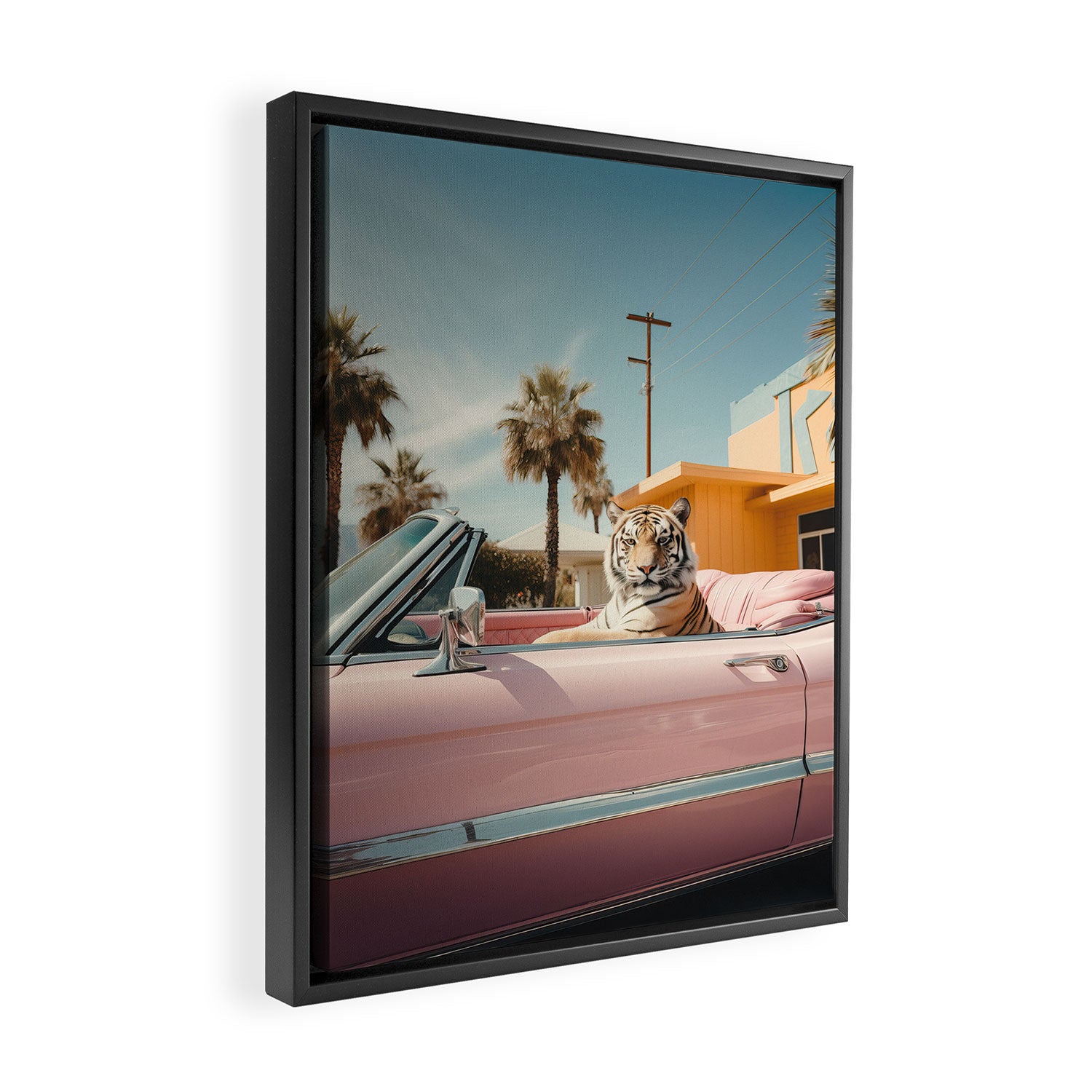 Cool Tiger in a pastel Cabrio in Palm Springs Framed Canvas Print Gallery Image 2