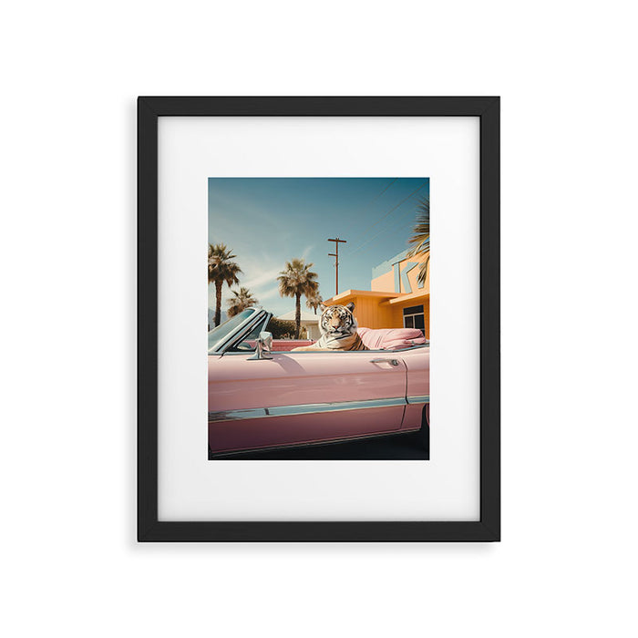 Cool Tiger in a pastel Cabrio in Palm Springs Framed Art Print Gallery Image 1