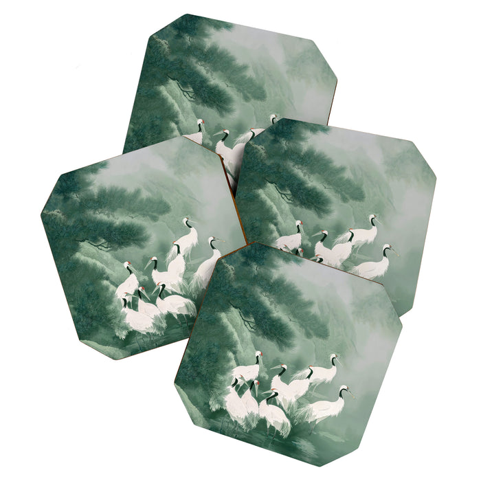 Japandi Wall Art chinoiserie Bird Poster Japanese wabi Sabi sage Green Forest maximalist Painting Coaster Gallery Image 1