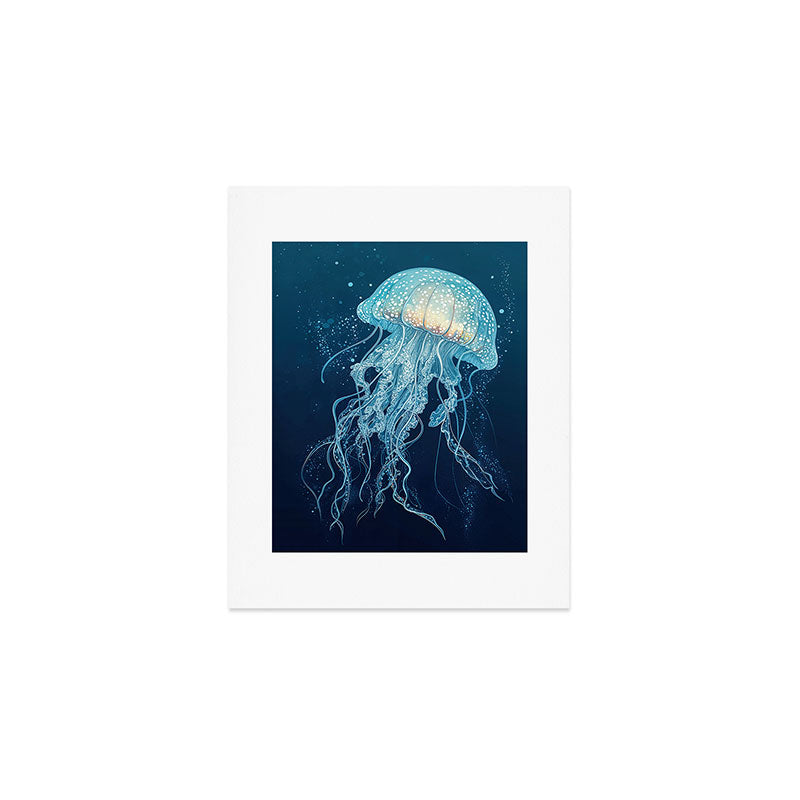 Japandi Wall Art Jellyfish Painting Blue Maximalist Japanese Wall Art Ocean White and Blue Poster Art Print Gallery Image 1