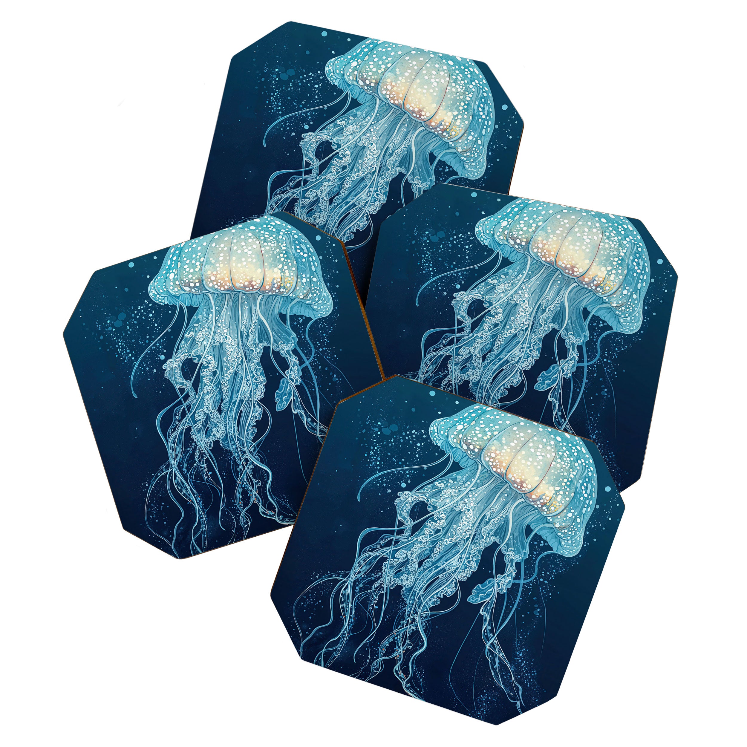 Japandi Wall Art Jellyfish Painting Blue Maximalist Japanese Wall Art Ocean White and Blue Poster Coaster Gallery Image 1