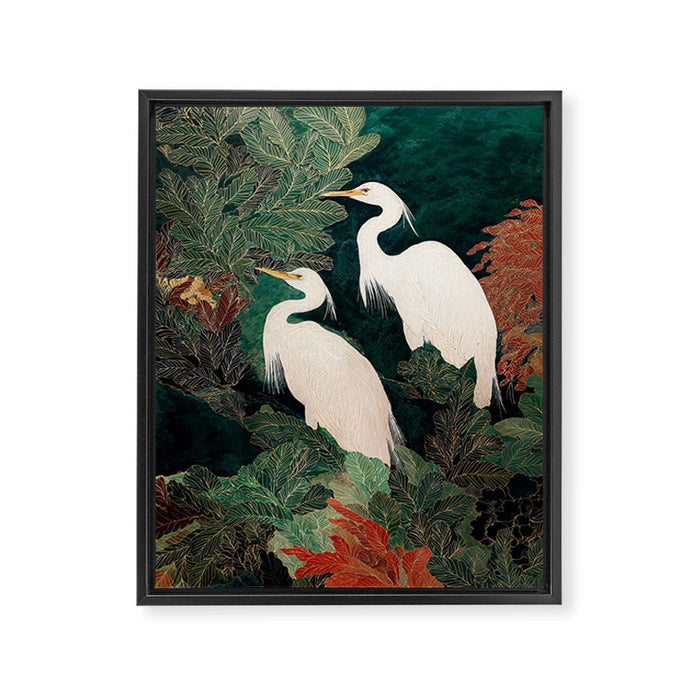 Japanese chinoiserie Bird Wall Art Maximalist Green Print Heron Painting japandi living room poster Framed Canvas Print Gallery Image 1