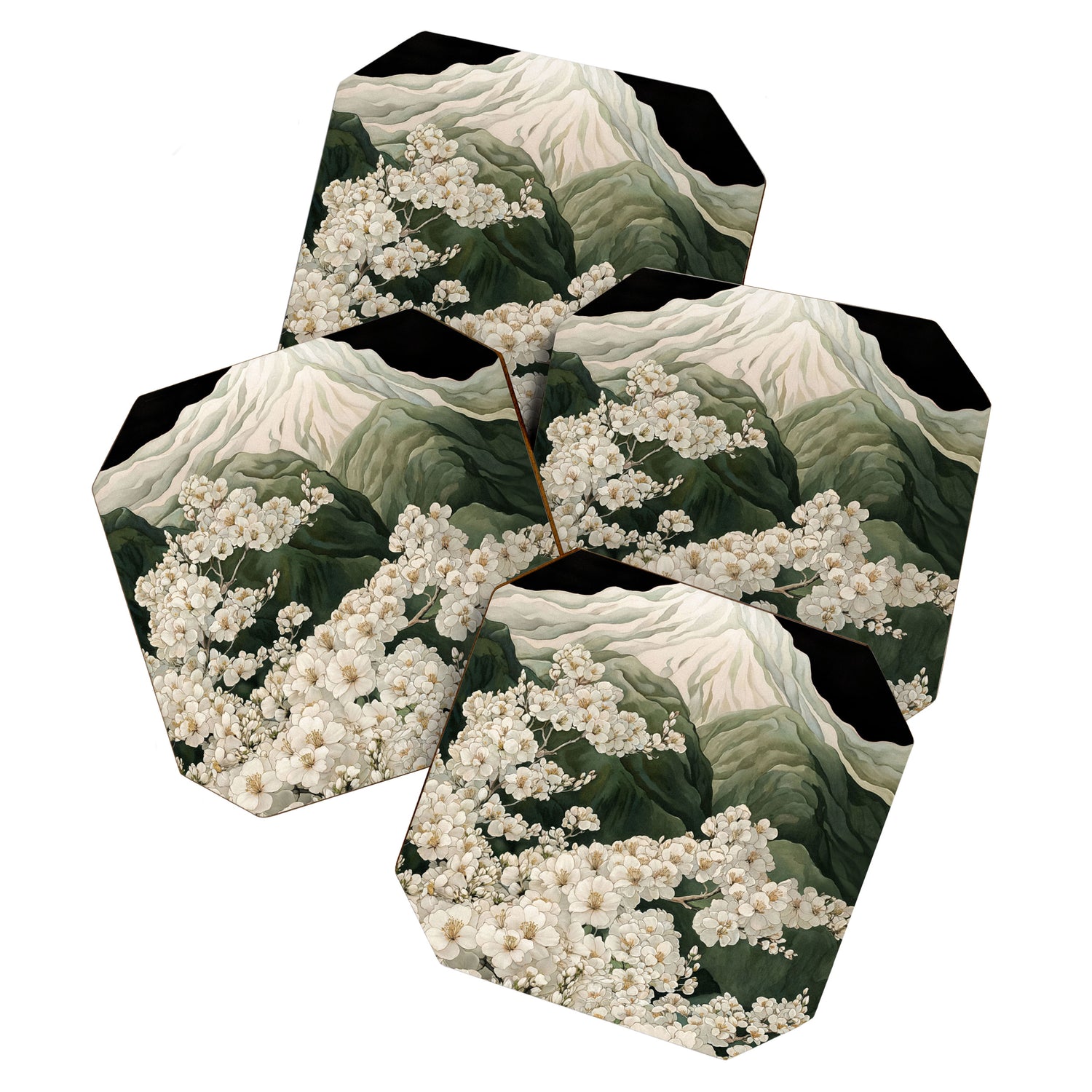 Japanese Floral Wall Art Mountain Poster Sage Green Wabi Sabi japandi  botanical Flower Painting Coaster Gallery Image 1