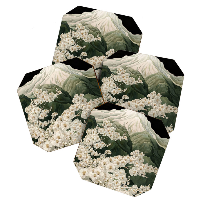 Japanese Floral Wall Art Mountain Poster Sage Green Wabi Sabi japandi  botanical Flower Painting Coaster Gallery Image 1