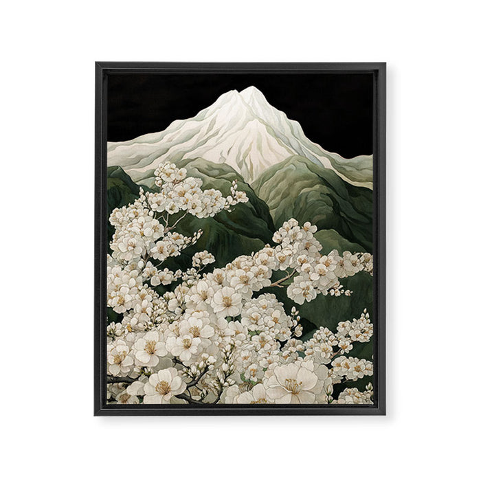 Japanese Floral Wall Art Mountain Poster Sage Green Wabi Sabi japandi  botanical Flower Painting Framed Canvas Print Gallery Image 1