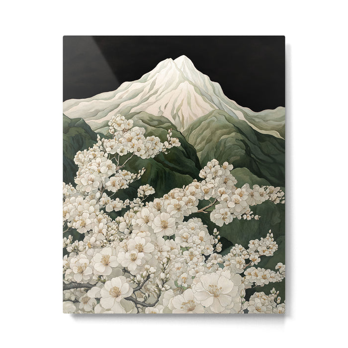 Japanese Floral Wall Art Mountain Poster Sage Green Wabi Sabi japandi  botanical Flower Painting Metal Print Gallery Image 1
