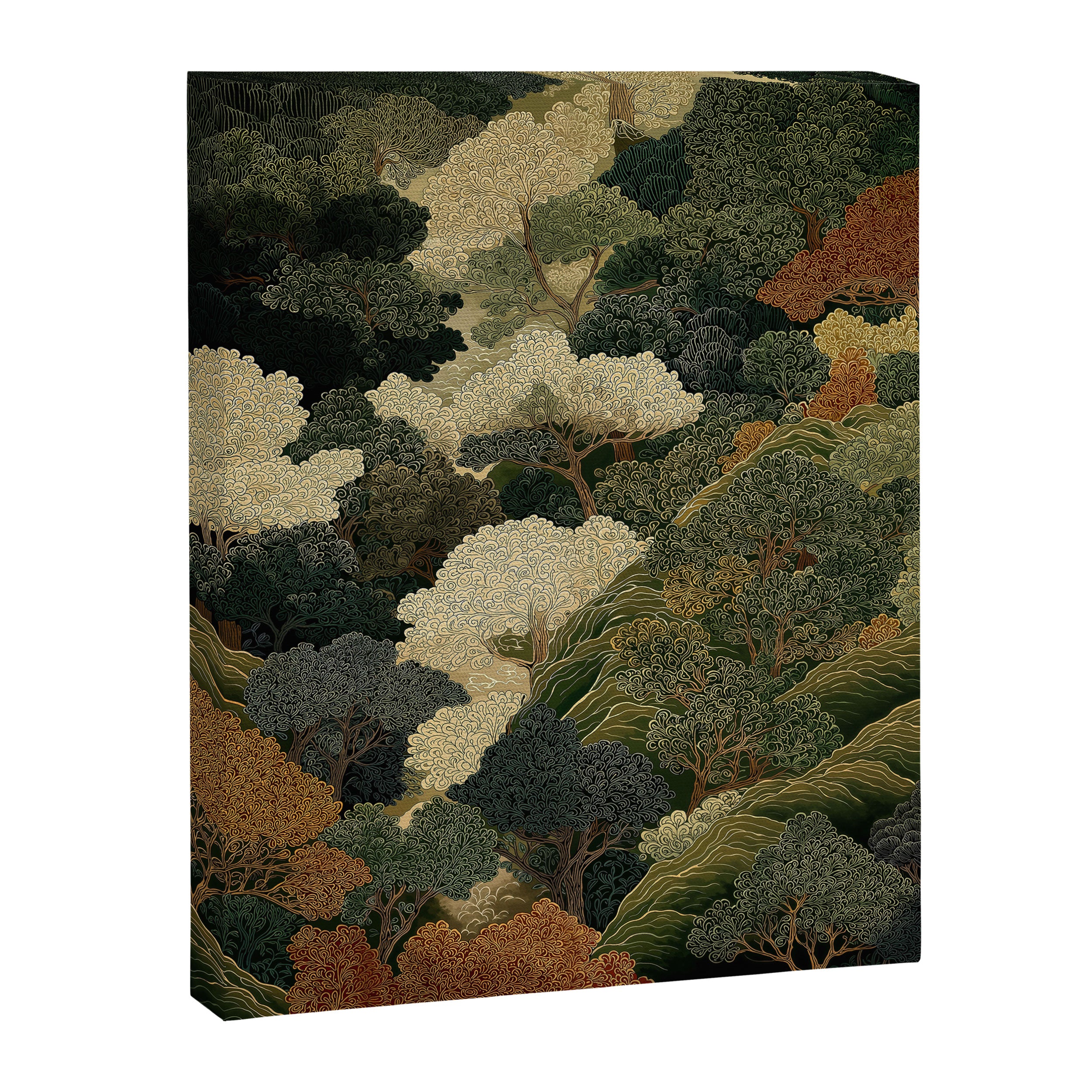 Japanese green Forest Painting Autumn Art Japandi Wall Art maximalist Art Nouveau Botanical Print Canvas Print Gallery Image 6