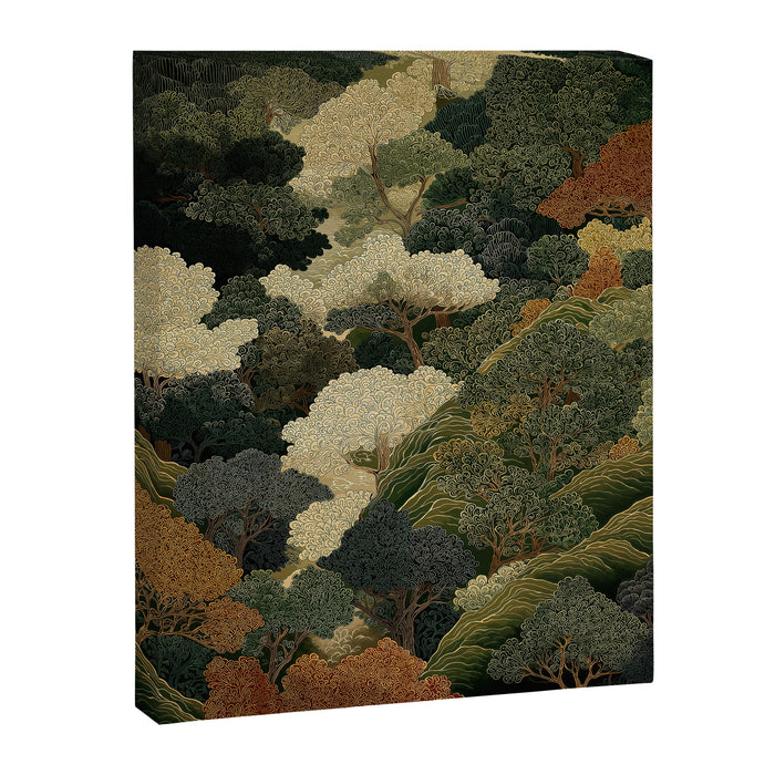 Japanese green Forest Painting Autumn Art Japandi Wall Art maximalist Art Nouveau Botanical Print Canvas Print Gallery Image 1
