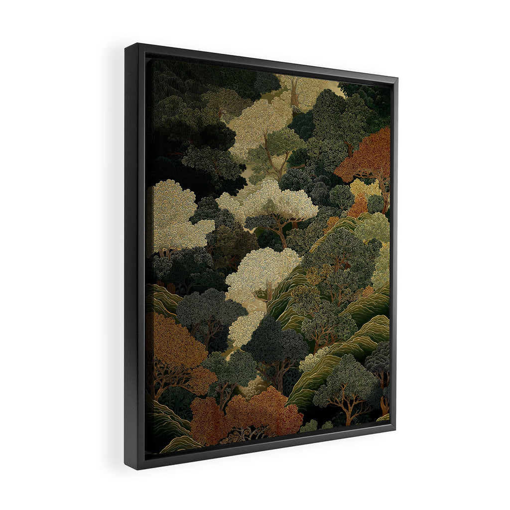 Japanese green Forest Painting Autumn Art Japandi Wall Art maximalist Art Nouveau Botanical Print Framed Canvas Print Gallery Image 2