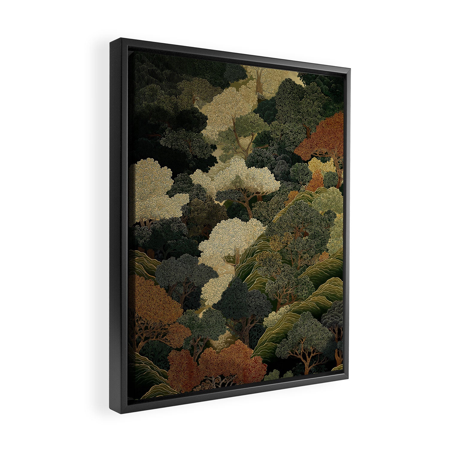 Japanese green Forest Painting Autumn Art Japandi Wall Art maximalist Art Nouveau Botanical Print Framed Canvas Print Gallery Image 2