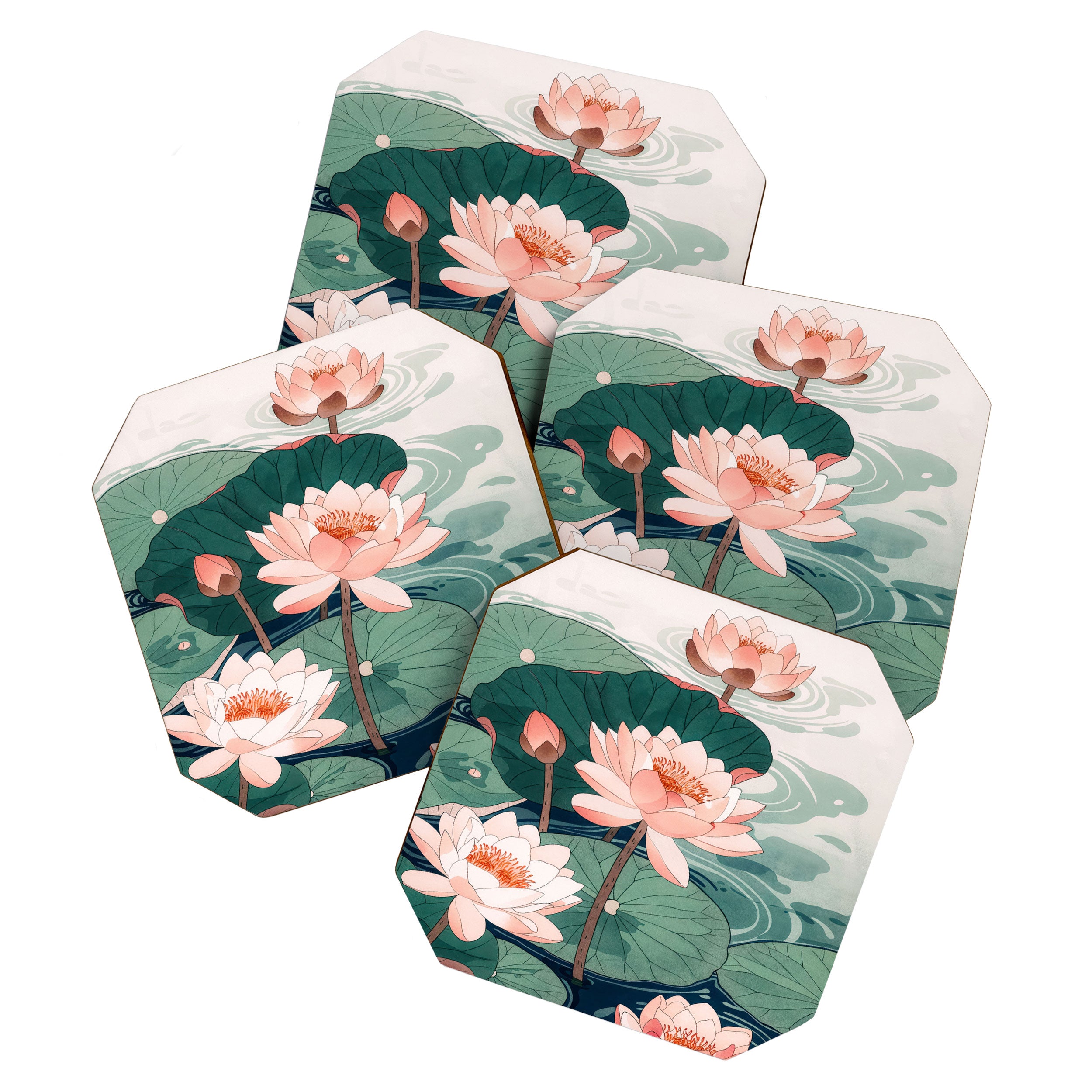 Japanese Wall Art Floral Lotus Painting Pink Pastel Green botanical Wabi Sabi Flower Poster  Coaster Gallery Image 1