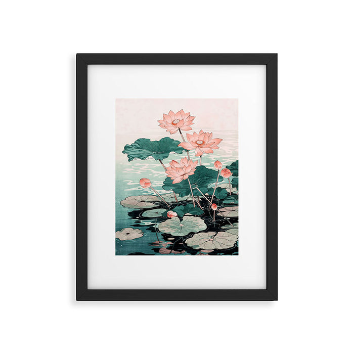 Japanese Wall Art Floral Lotus Painting Pink Pastel Green botanical Wabi Sabi Flower Poster Framed Art Print Gallery Image 1