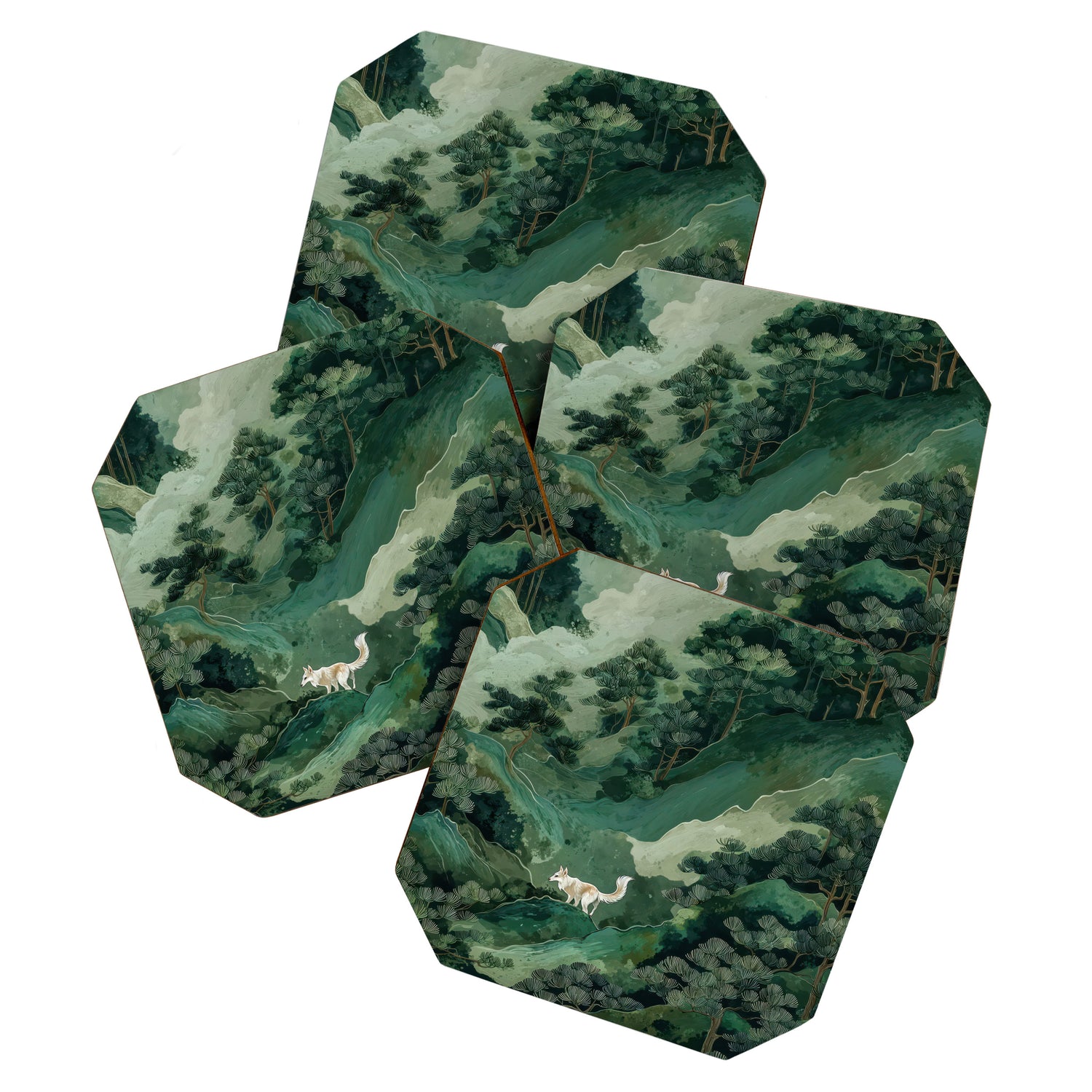 Japanese Wall Art Maximalist Forest Fox Print Japandi Art Sage Green Botanical Wabi Sabi Painting Coaster Gallery Image 1