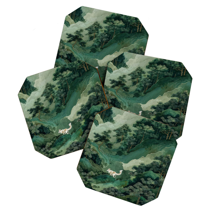 Japanese Wall Art Maximalist Forest Fox Print Japandi Art Sage Green Botanical Wabi Sabi Painting Coaster Gallery Image 1