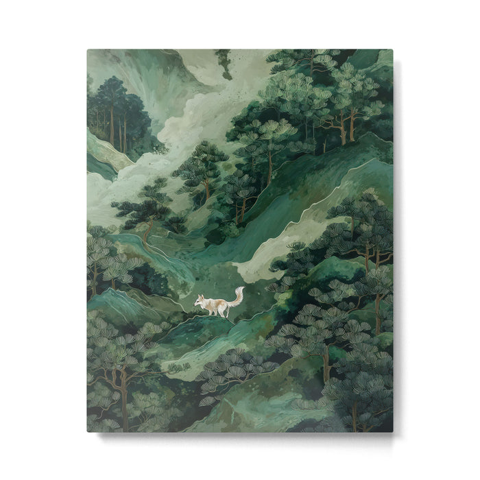 Japanese Wall Art Maximalist Forest Fox Print Japandi Art Sage Green Botanical Wabi Sabi Painting Metal Print Gallery Image 1