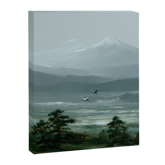 Japanese Wall Art Minimalist Bird Print Mountain Japandi Art Green Wabi Sabi Painting forest poster Canvas Print Gallery Image 1