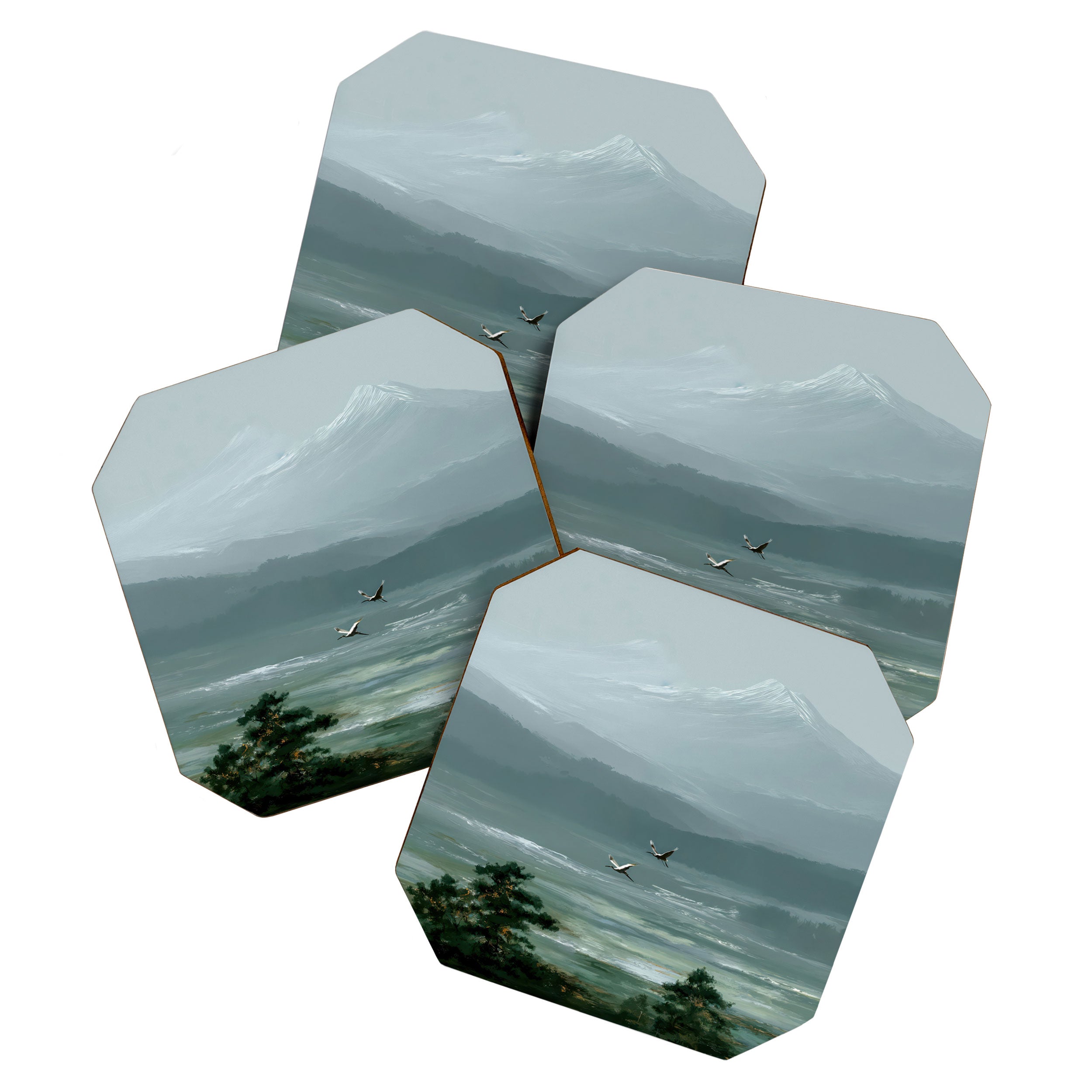 Japanese Wall Art Minimalist Bird Print Mountain Japandi Art Green Wabi Sabi Painting forest poster Coaster Gallery Image 1