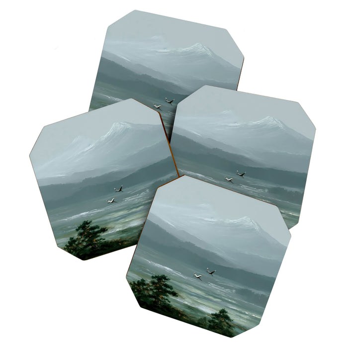 Japanese Wall Art Minimalist Bird Print Mountain Japandi Art Green Wabi Sabi Painting forest poster Coaster Gallery Image 1