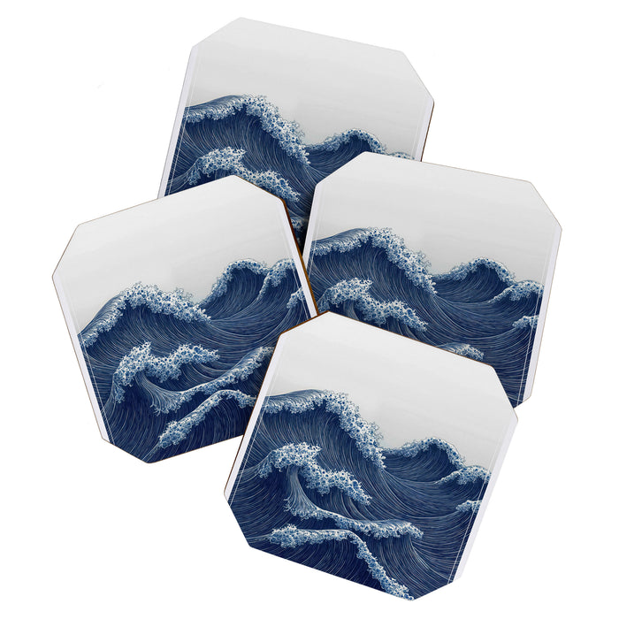 Ocean Print Wave Wall Art Japanese Wall Art Navy Blue Poster Minimalist Decor Nautical Painting Coaster Gallery Image 1