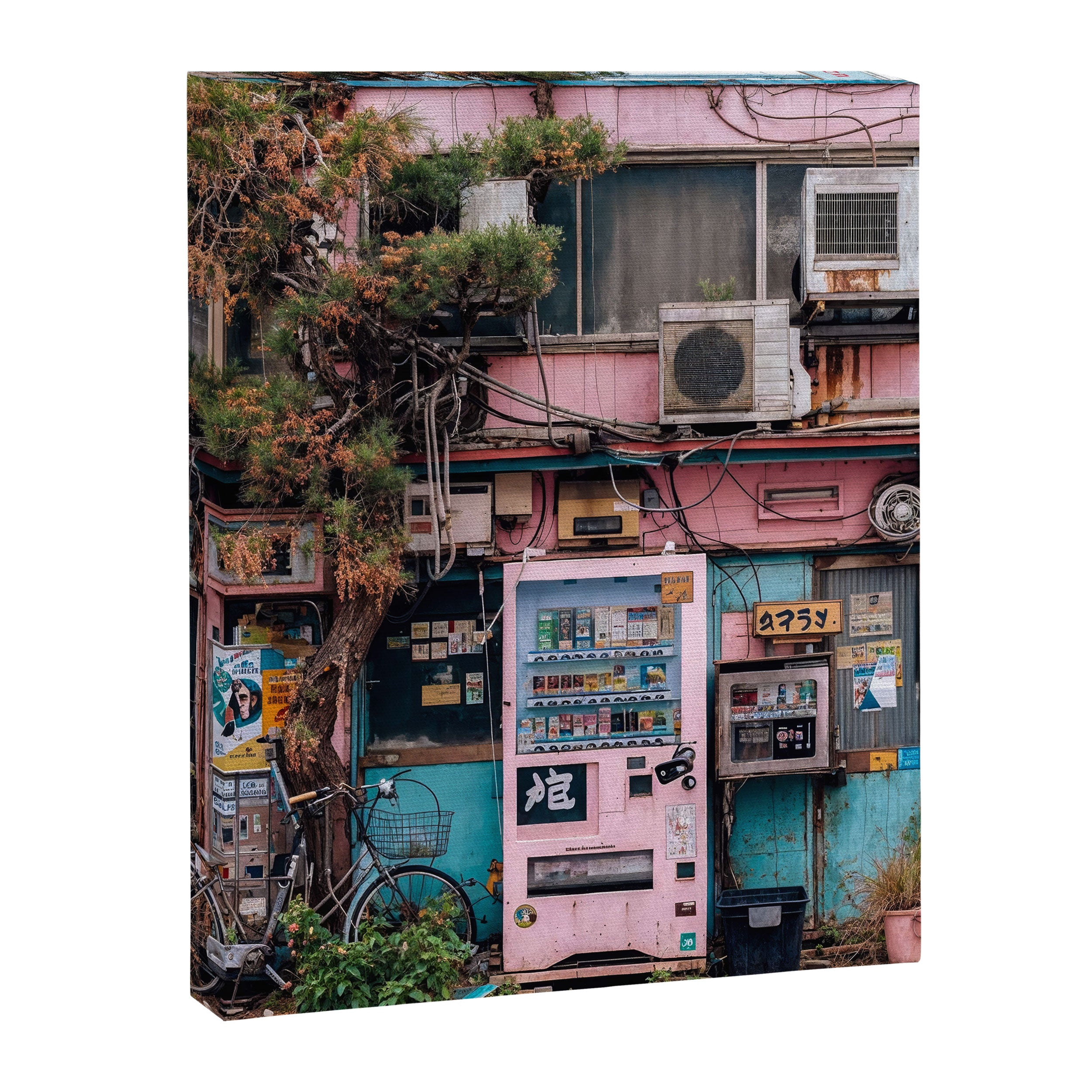 Urban Architecture with Plants and Tree in Front of Vending Machine - Urban Photography Canvas Print Gallery Image 6
