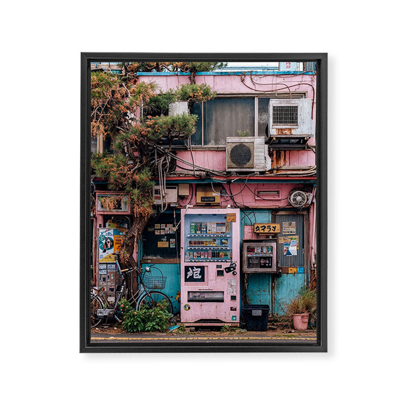 Urban Architecture with Plants and Tree in Front of Vending Machine - Urban Photography Framed Canvas Print Gallery Image 6
