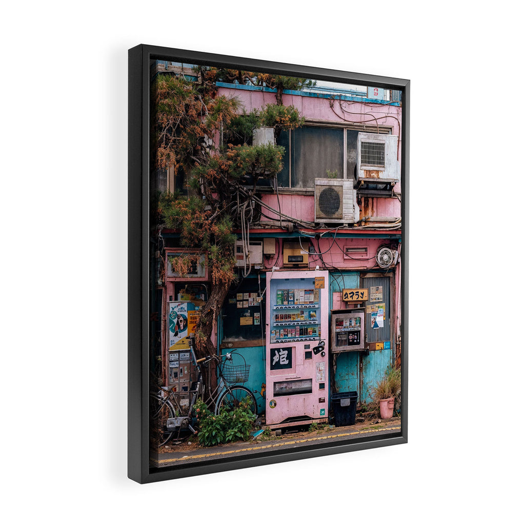 Urban Architecture with Plants and Tree in Front of Vending Machine - Urban Photography Framed Canvas Print Gallery Image 2
