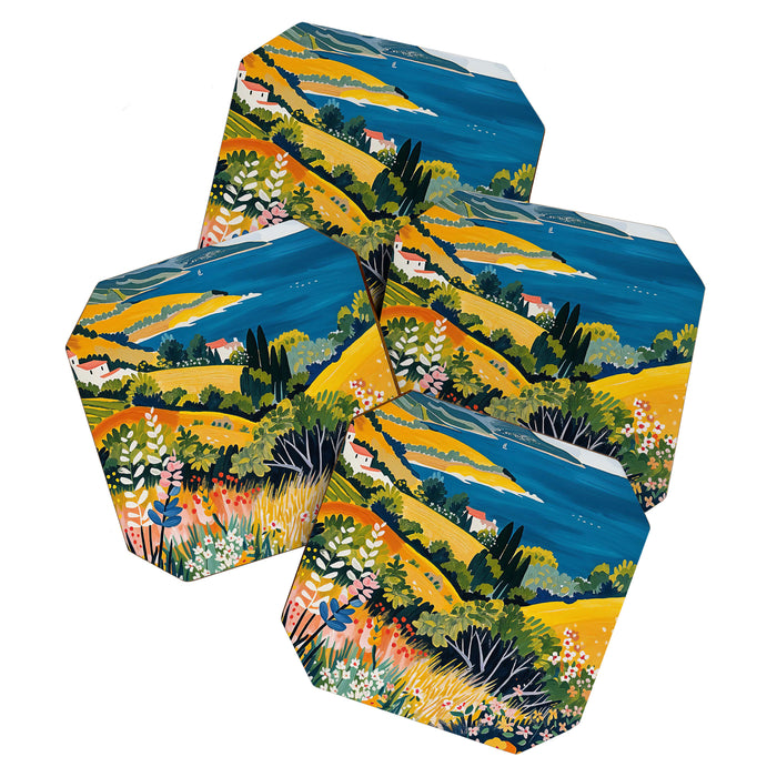 Vibrant Mediterranean Coast Painting in Matisse Style with Blooming Flowers and Blue Waters Coaster Gallery Image 1