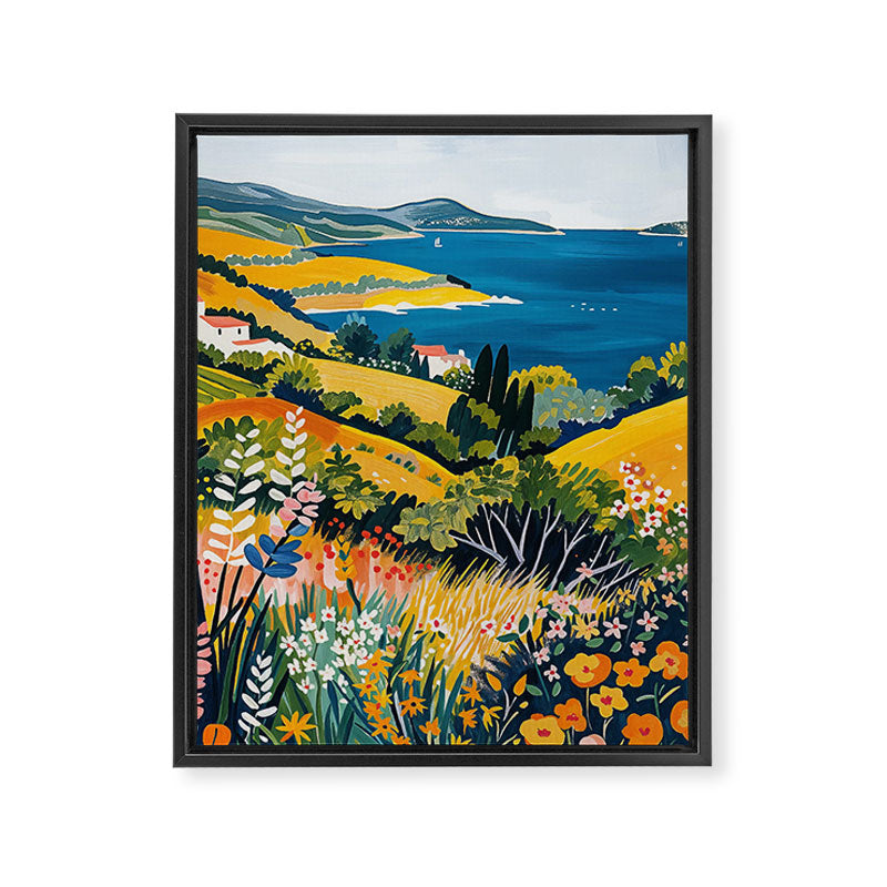 Vibrant Mediterranean Coast Painting in Matisse Style with Blooming Flowers and Blue Waters Framed Canvas Print Gallery Image 6