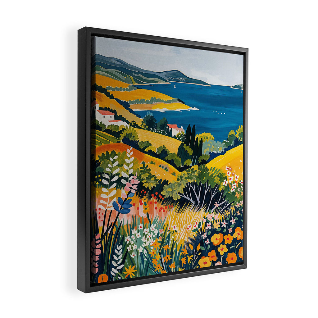 Vibrant Mediterranean Coast Painting in Matisse Style with Blooming Flowers and Blue Waters Framed Canvas Print Gallery Image 2