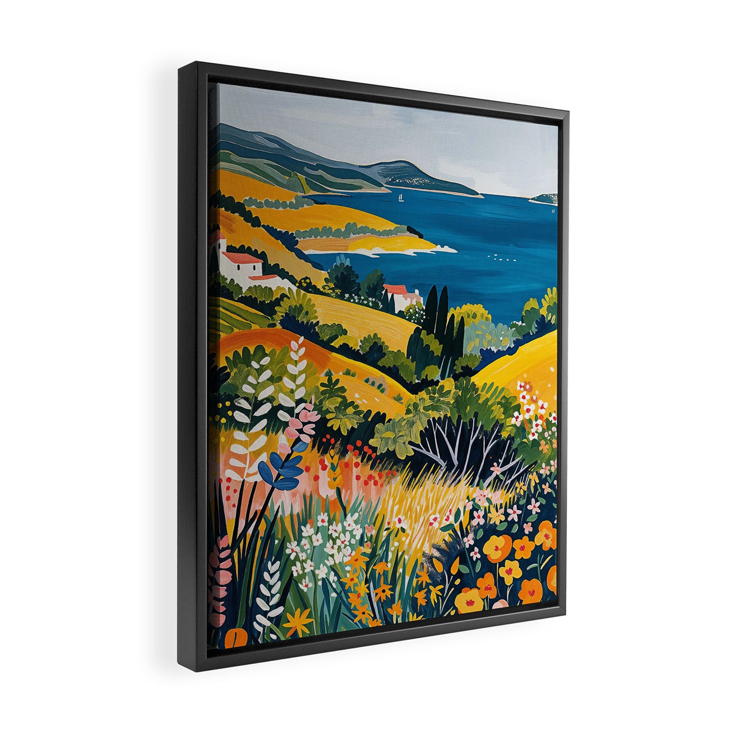 Vibrant Mediterranean Coast Painting in Matisse Style with Blooming Flowers and Blue Waters Framed Canvas Print Gallery Image 2